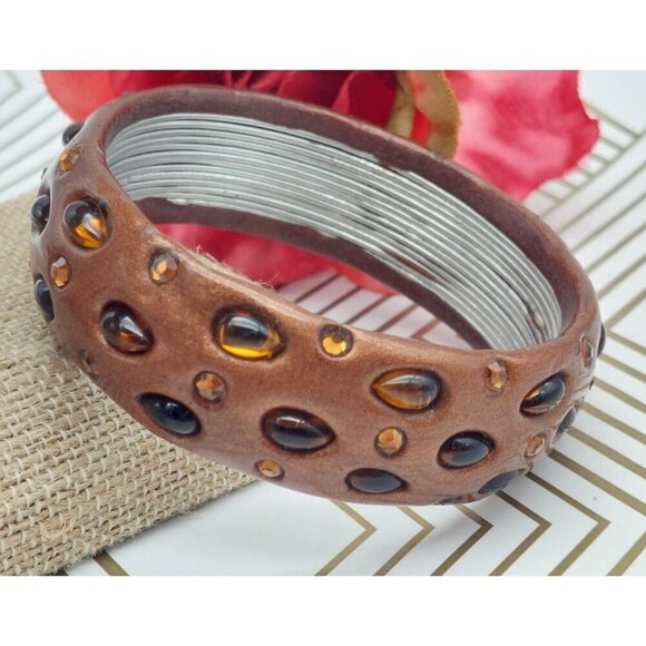 Bronze Color & Amber Glass Small Wrist Unique Bangle Bracelet Boho Brown - Picture 1 of 7